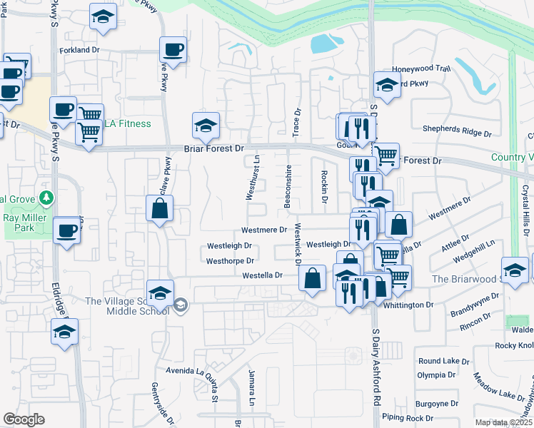 map of restaurants, bars, coffee shops, grocery stores, and more near 12814 Ashford Hills Drive in Houston