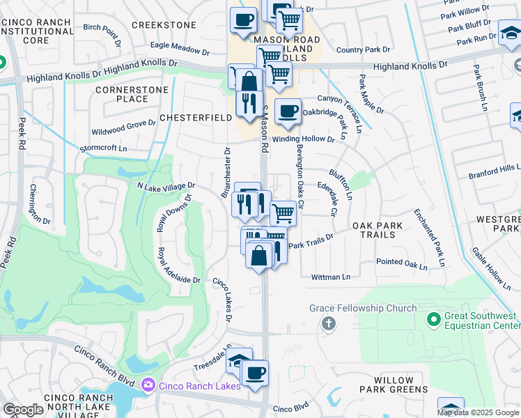 map of restaurants, bars, coffee shops, grocery stores, and more near 2005 South Mason Road in Katy