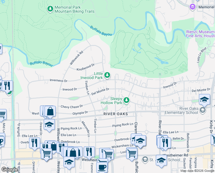 map of restaurants, bars, coffee shops, grocery stores, and more near 3620 Del Monte Drive in Houston