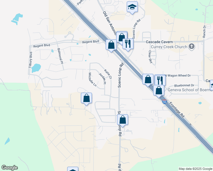 map of restaurants, bars, coffee shops, grocery stores, and more near 133 Jordan Place in Boerne
