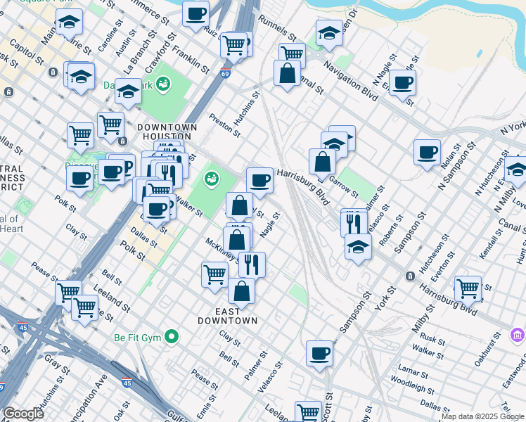 map of restaurants, bars, coffee shops, grocery stores, and more near 639 Live Oak Street in Houston