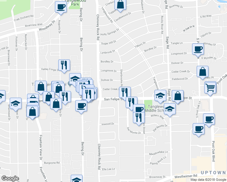 map of restaurants, bars, coffee shops, grocery stores, and more near 5625 Cedar Creek Drive in Houston