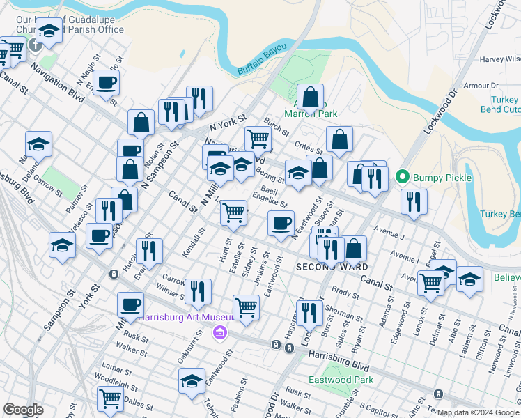 map of restaurants, bars, coffee shops, grocery stores, and more near 210 North Estelle Street in Houston
