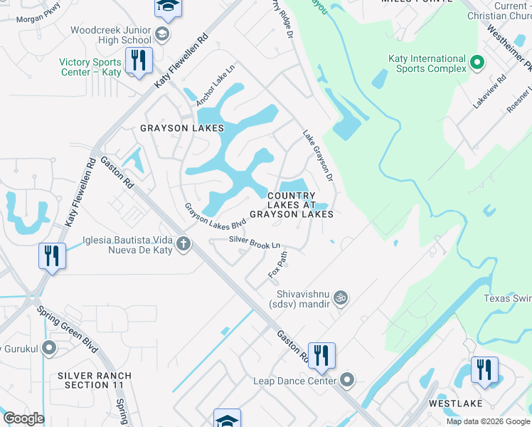 map of restaurants, bars, coffee shops, grocery stores, and more near 1902 Grayson Lakes Boulevard in Katy