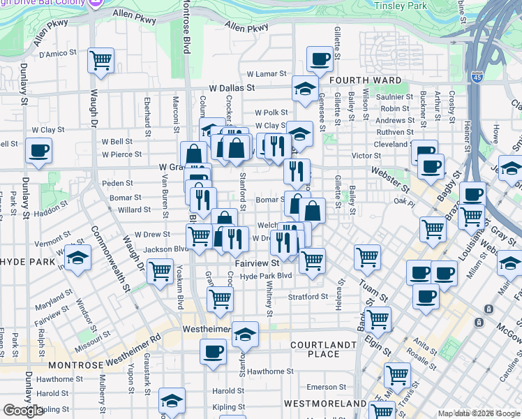 map of restaurants, bars, coffee shops, grocery stores, and more near 520 Willard Street in Houston