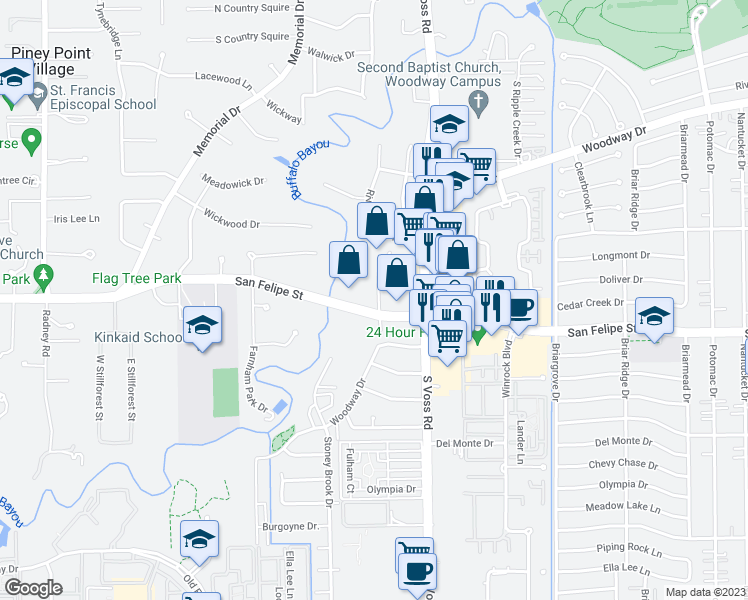 map of restaurants, bars, coffee shops, grocery stores, and more near 7600 San Felipe Street in Houston