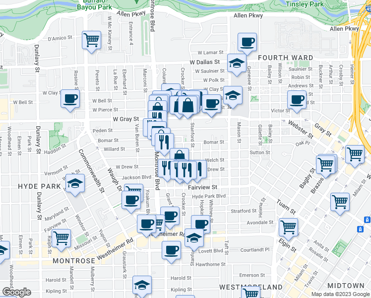 map of restaurants, bars, coffee shops, grocery stores, and more near 720 Willard St in Houston