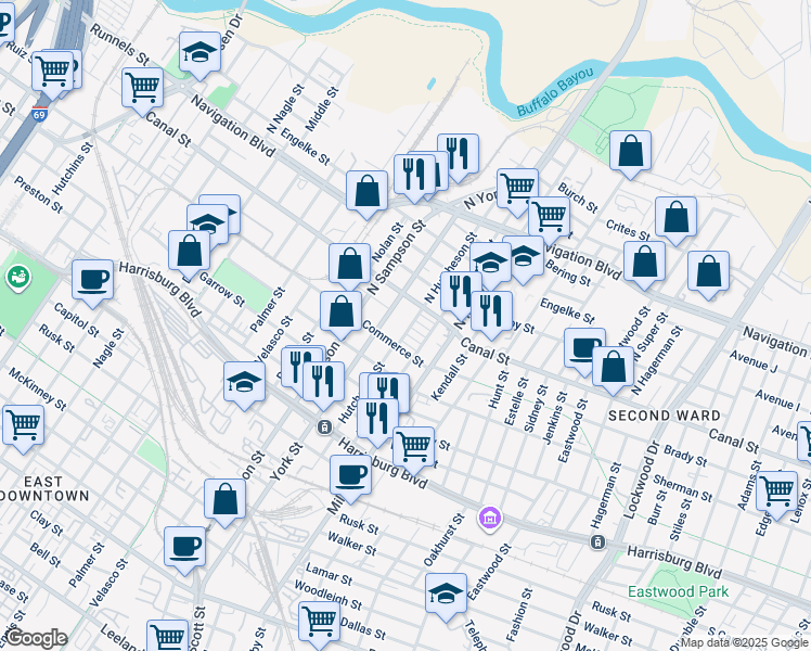 map of restaurants, bars, coffee shops, grocery stores, and more near 15 North Hutcheson Street in Houston