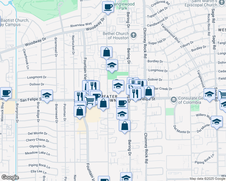 map of restaurants, bars, coffee shops, grocery stores, and more near 1601 Augusta Drive in Houston