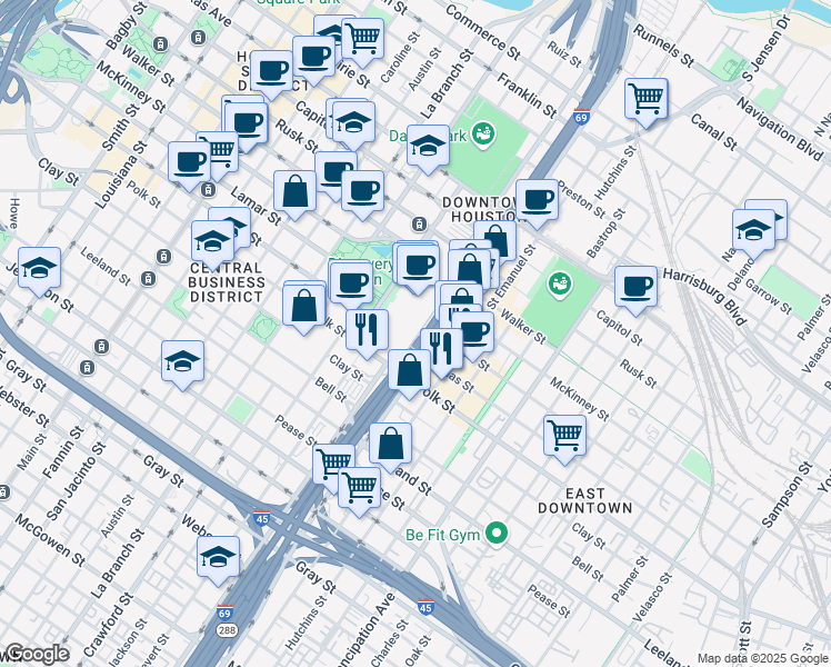 map of restaurants, bars, coffee shops, grocery stores, and more near 1001 Avenida De Las Americas in Houston