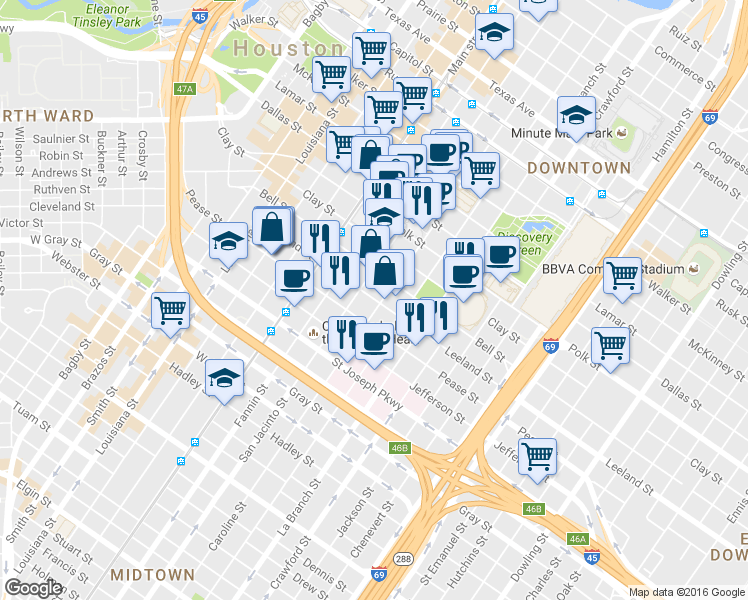 map of restaurants, bars, coffee shops, grocery stores, and more near 1222 Leeland Street in Houston