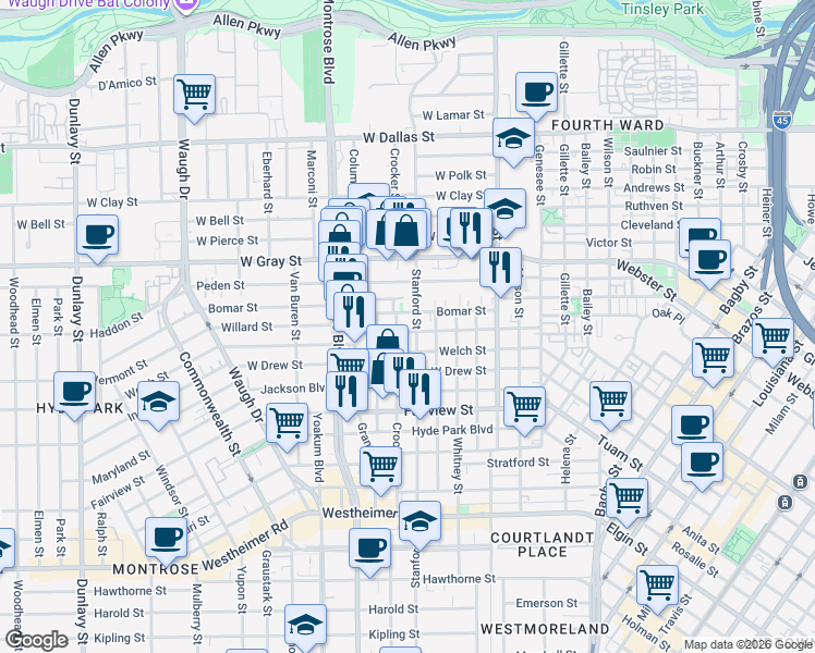 map of restaurants, bars, coffee shops, grocery stores, and more near 718 Willard Street in Houston