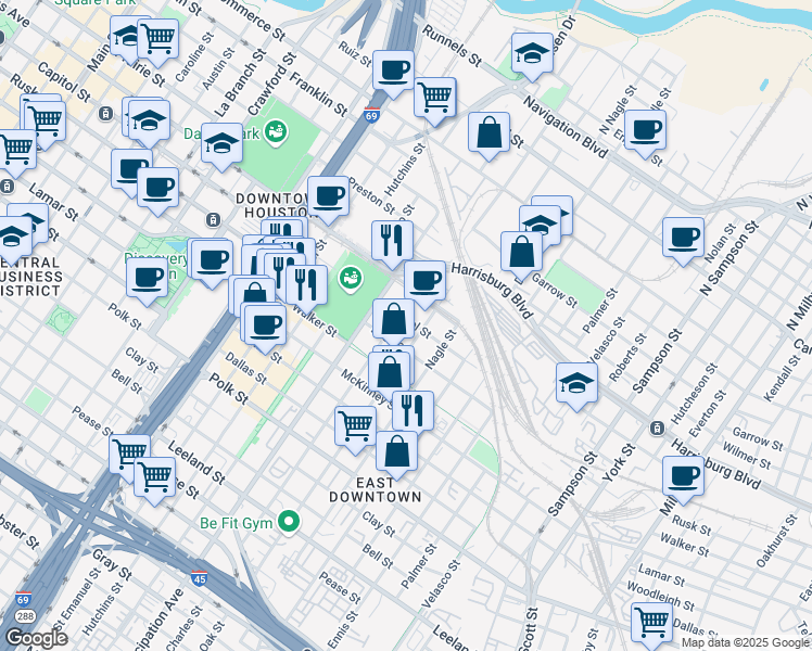 map of restaurants, bars, coffee shops, grocery stores, and more near 2527 Rusk Street in Houston