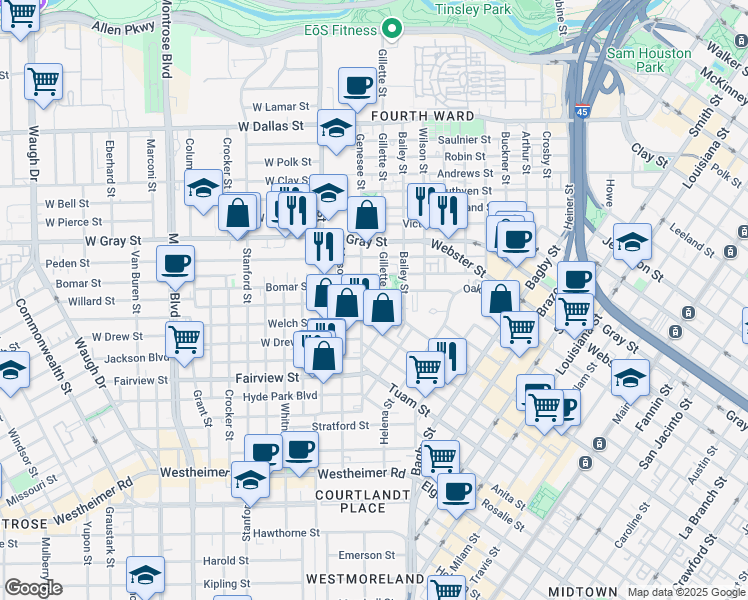 map of restaurants, bars, coffee shops, grocery stores, and more near 7ST Stone Brook Lane in Houston