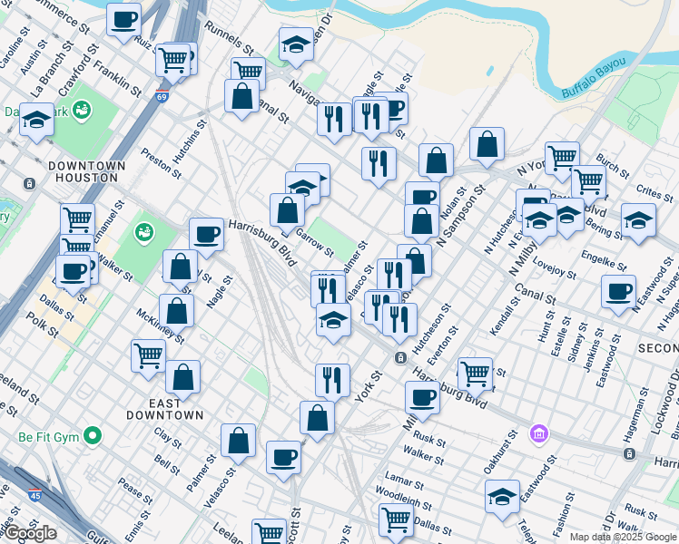 map of restaurants, bars, coffee shops, grocery stores, and more near 304 Palmer Street in Houston