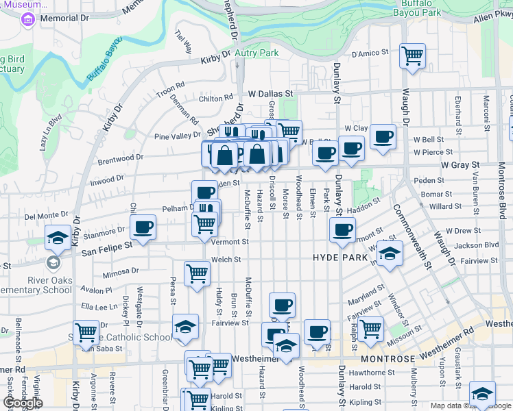 map of restaurants, bars, coffee shops, grocery stores, and more near 1614 Hazard Street in Houston