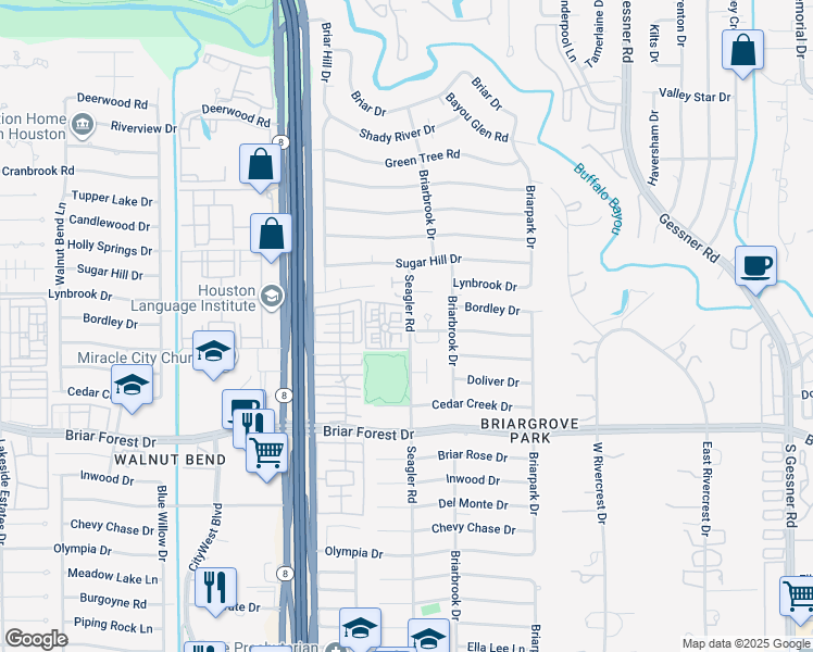 map of restaurants, bars, coffee shops, grocery stores, and more near 1202 Seagler Road in Houston