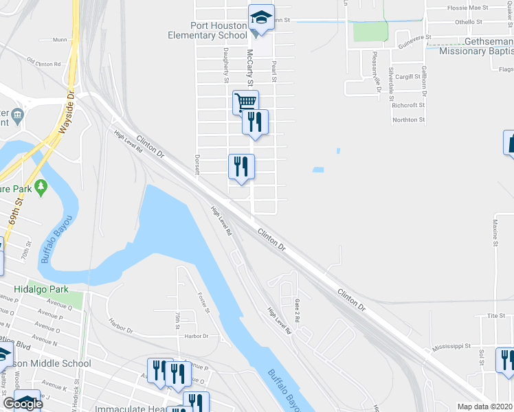map of restaurants, bars, coffee shops, grocery stores, and more near 2407 McCarty Street in Houston