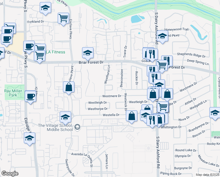 map of restaurants, bars, coffee shops, grocery stores, and more near 12814 Ashford Hills Drive in Houston