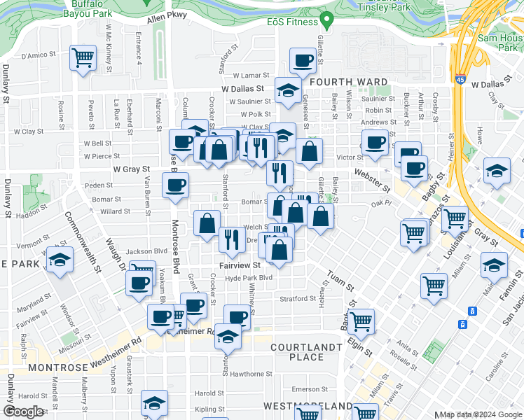 map of restaurants, bars, coffee shops, grocery stores, and more near 308 Willard Street in Houston