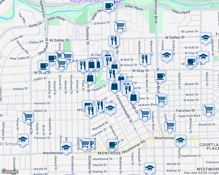 map of restaurants, bars, coffee shops, grocery stores, and more near in Houston