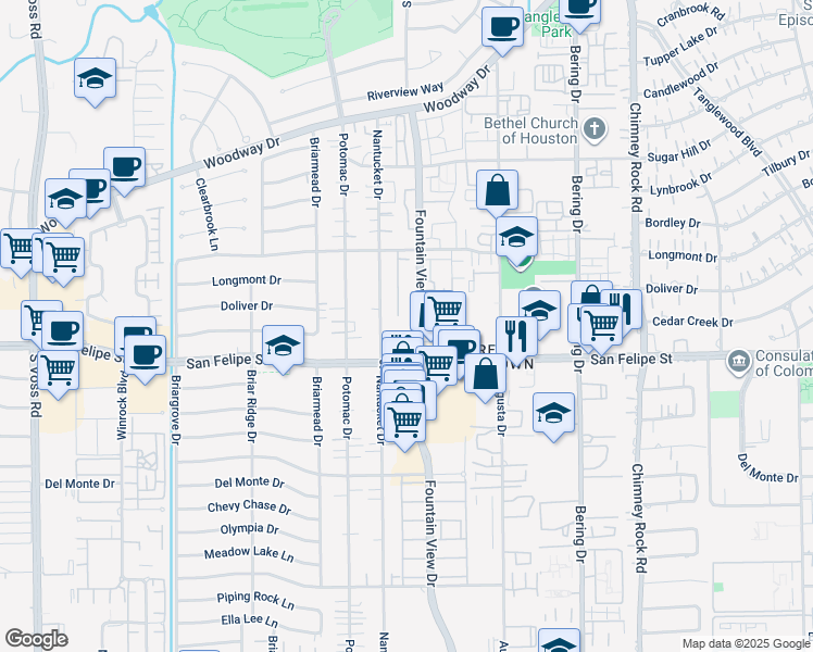 map of restaurants, bars, coffee shops, grocery stores, and more near 1605 Nantucket Drive in Houston