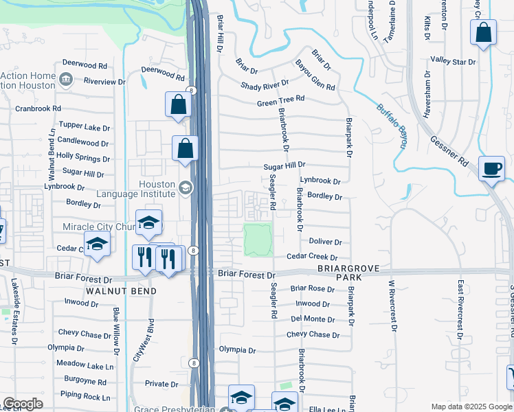 map of restaurants, bars, coffee shops, grocery stores, and more near 1202 Seagler Road in Houston