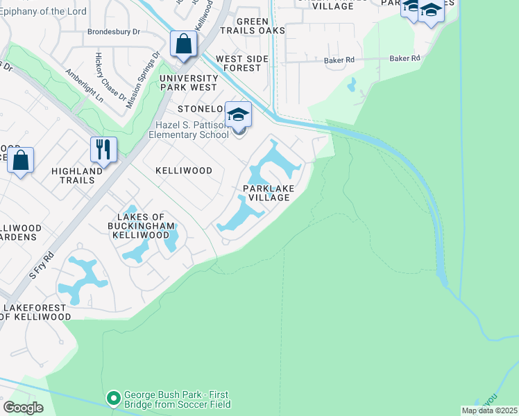 map of restaurants, bars, coffee shops, grocery stores, and more near 1823 Sparrows Ridge in Katy