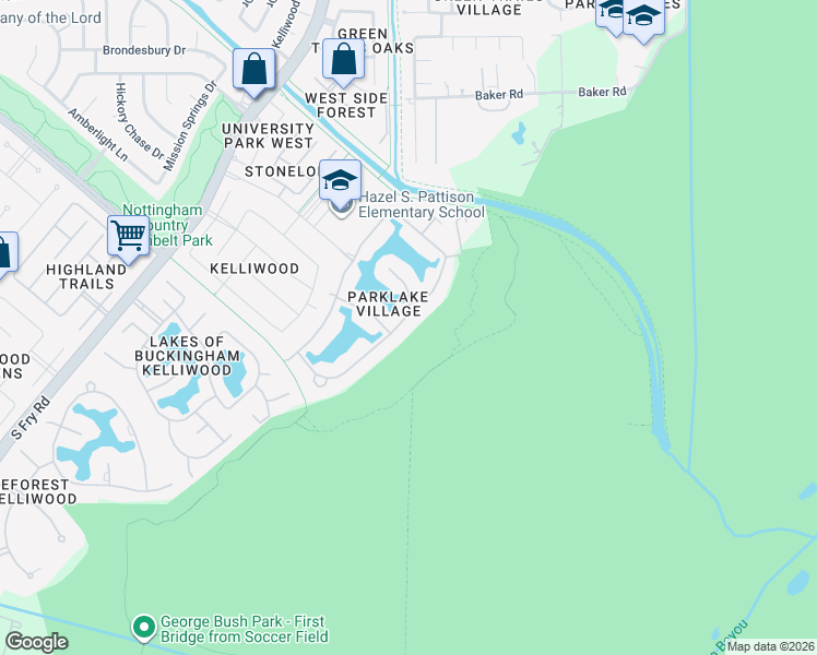 map of restaurants, bars, coffee shops, grocery stores, and more near 1807 Sparrows Ridge in Katy