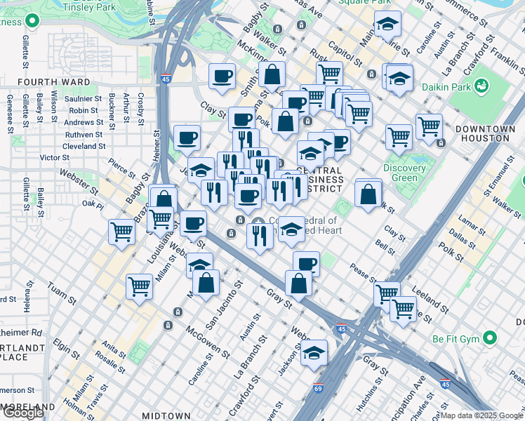 map of restaurants, bars, coffee shops, grocery stores, and more near 1706 Fannin Street in Houston