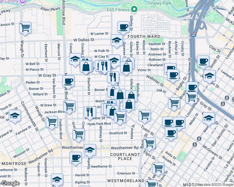 map of restaurants, bars, coffee shops, grocery stores, and more near 202 Willard Street in Houston