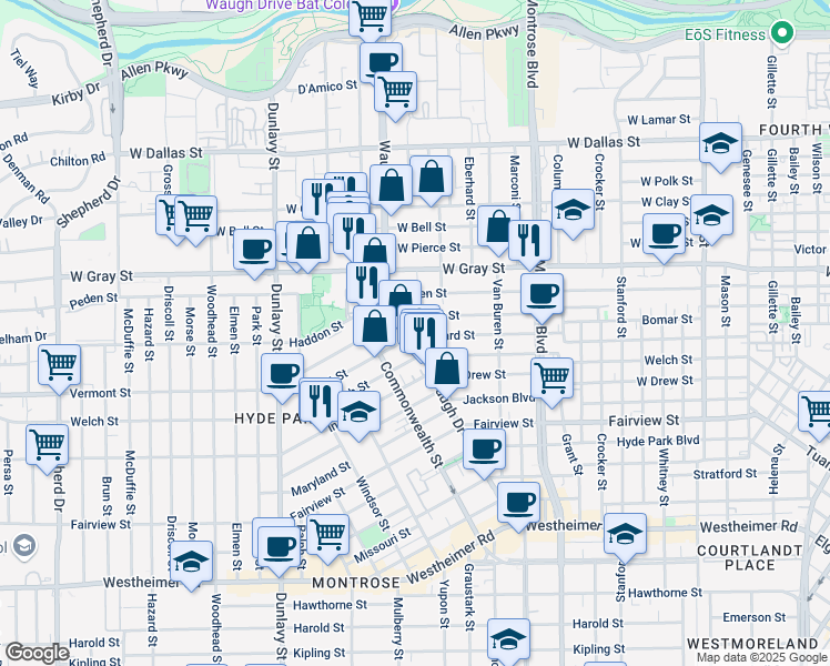 map of restaurants, bars, coffee shops, grocery stores, and more near 1823 Waugh Drive in Houston