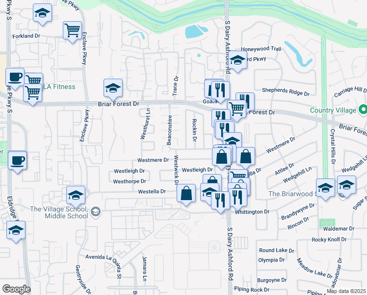 map of restaurants, bars, coffee shops, grocery stores, and more near 1638 Ainsdale Drive in Houston