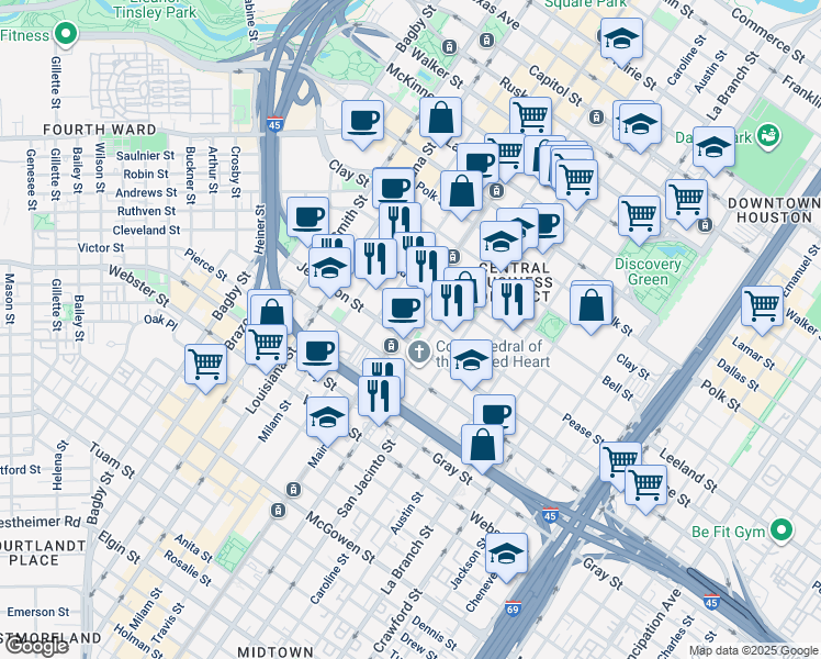 map of restaurants, bars, coffee shops, grocery stores, and more near 1725 Main Street in Houston