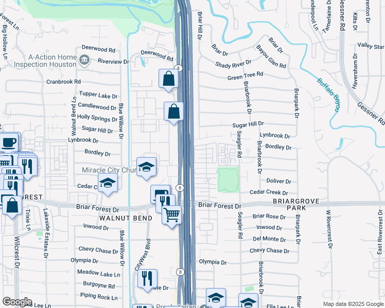 map of restaurants, bars, coffee shops, grocery stores, and more near 1075 West Sam Houston Parkway South in Houston