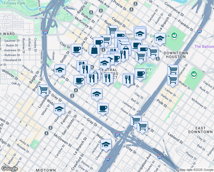 map of restaurants, bars, coffee shops, grocery stores, and more near 1301 Leeland Street in Houston