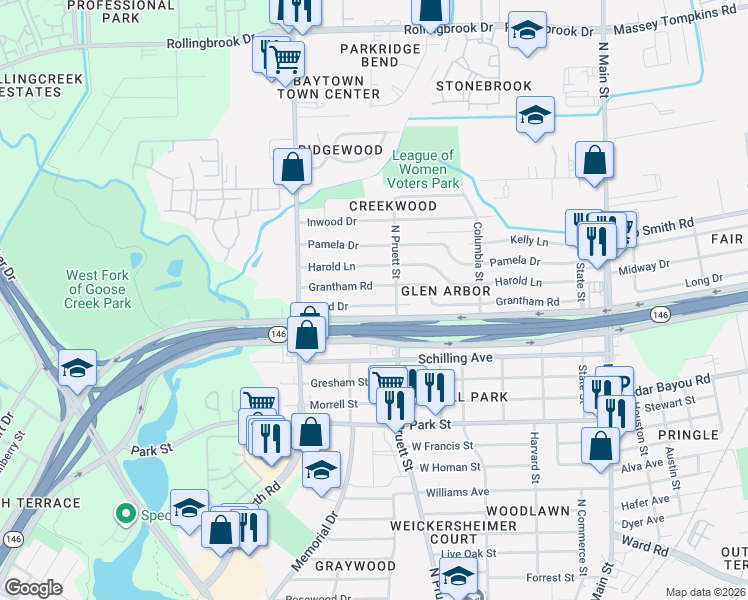 map of restaurants, bars, coffee shops, grocery stores, and more near 608 Lloyd Drive in Baytown