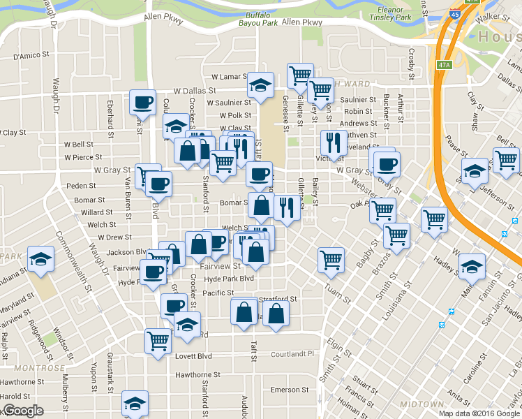 map of restaurants, bars, coffee shops, grocery stores, and more near 202 Willard Street in Houston