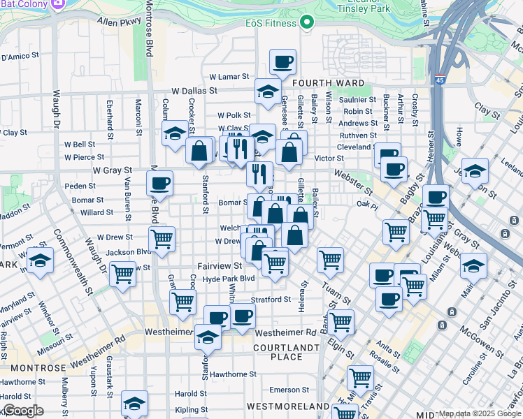 map of restaurants, bars, coffee shops, grocery stores, and more near 202 Willard Street in Houston