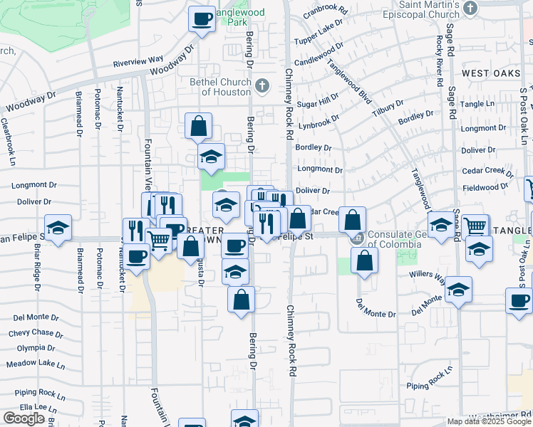 map of restaurants, bars, coffee shops, grocery stores, and more near 1615 Bering Drive in Houston