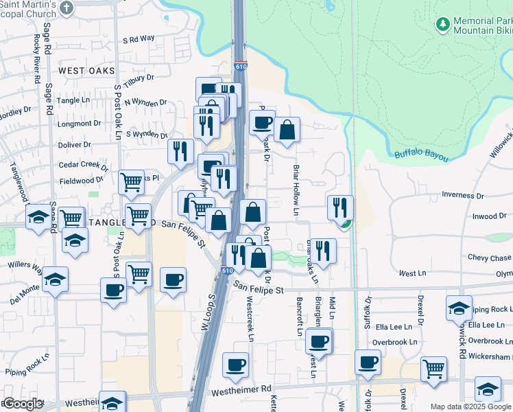 map of restaurants, bars, coffee shops, grocery stores, and more near 1615 West Loop South in Houston