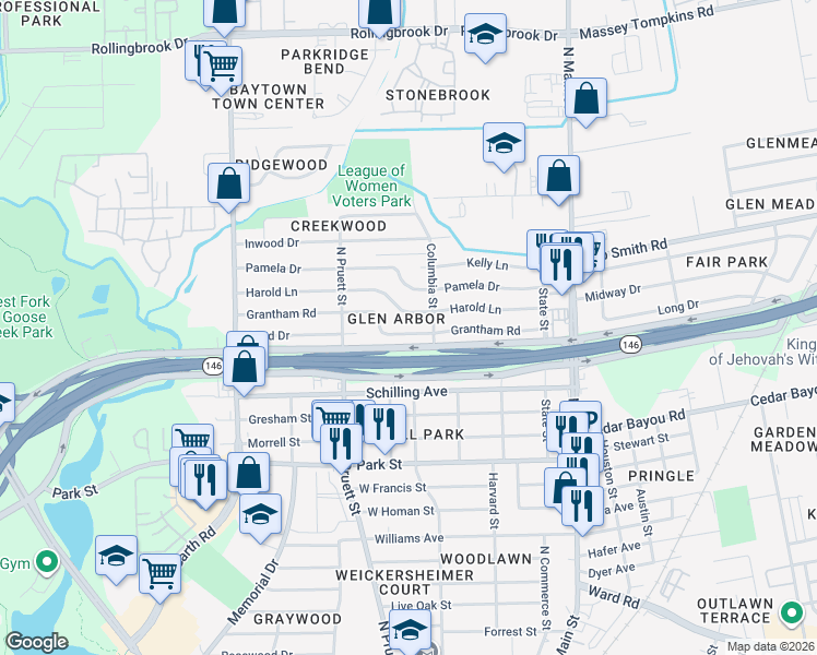 map of restaurants, bars, coffee shops, grocery stores, and more near 417 Grantham Road in Baytown