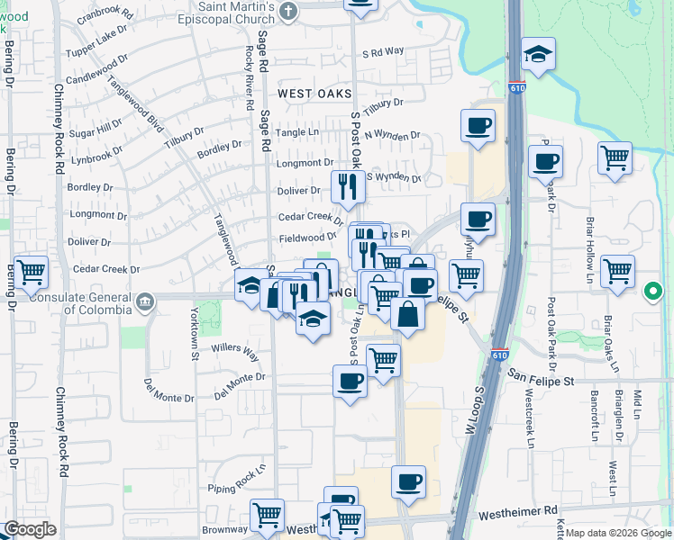 map of restaurants, bars, coffee shops, grocery stores, and more near 5110 San Felipe Street in Houston
