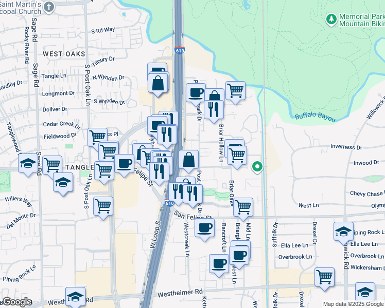map of restaurants, bars, coffee shops, grocery stores, and more near 1615 West Loop South in Houston