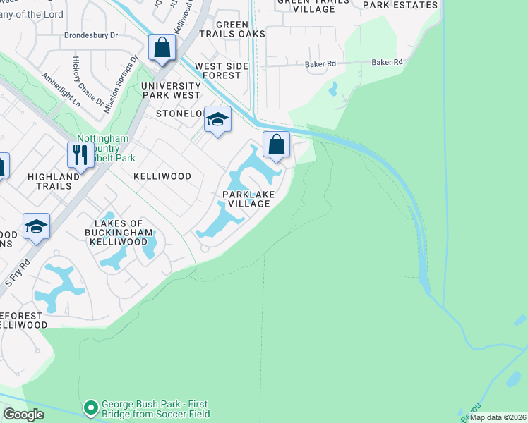 map of restaurants, bars, coffee shops, grocery stores, and more near 1807 Sparrows Ridge in Katy