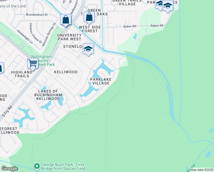 map of restaurants, bars, coffee shops, grocery stores, and more near 1807 Sparrows Ridge in Katy
