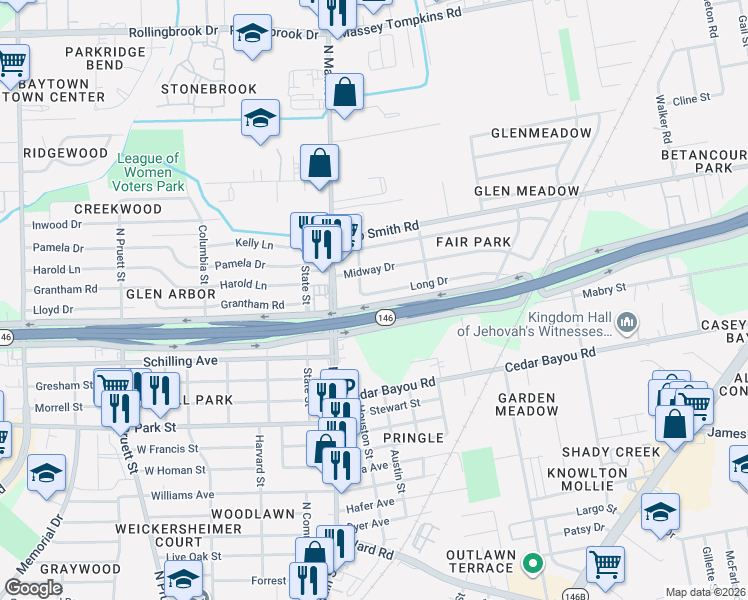 map of restaurants, bars, coffee shops, grocery stores, and more near 107 Long Drive in Baytown