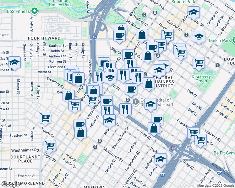 map of restaurants, bars, coffee shops, grocery stores, and more near 1900 Travis Street in Houston