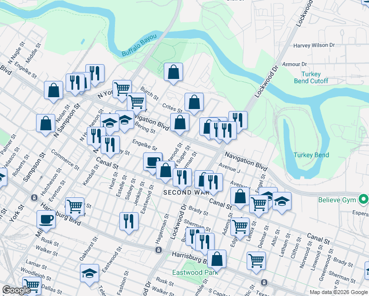 map of restaurants, bars, coffee shops, grocery stores, and more near 329 North Hagerman Street in Houston