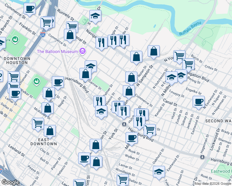 map of restaurants, bars, coffee shops, grocery stores, and more near 215 Velasco Street in Houston